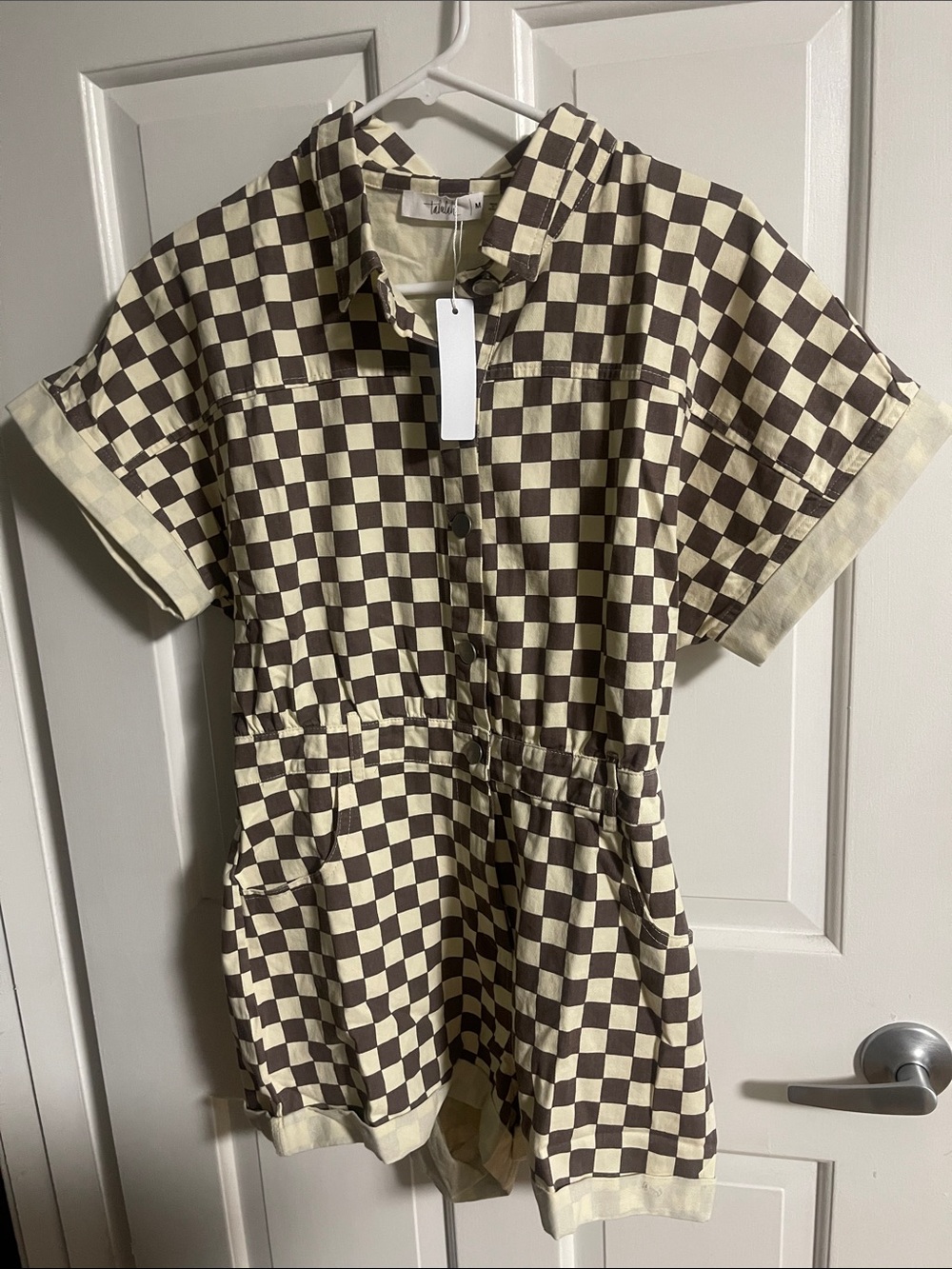Checkerboard Short Sleeve Romper in Beige & Brown